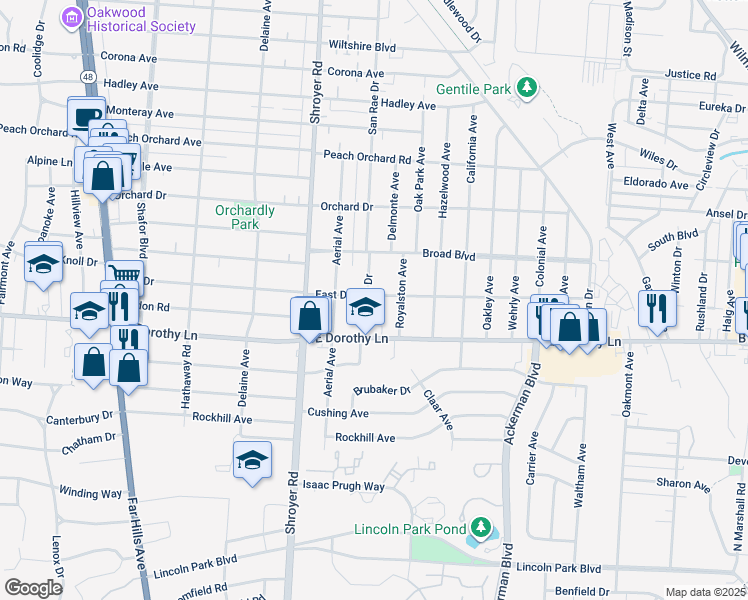 map of restaurants, bars, coffee shops, grocery stores, and more near 600 East Drive in Dayton