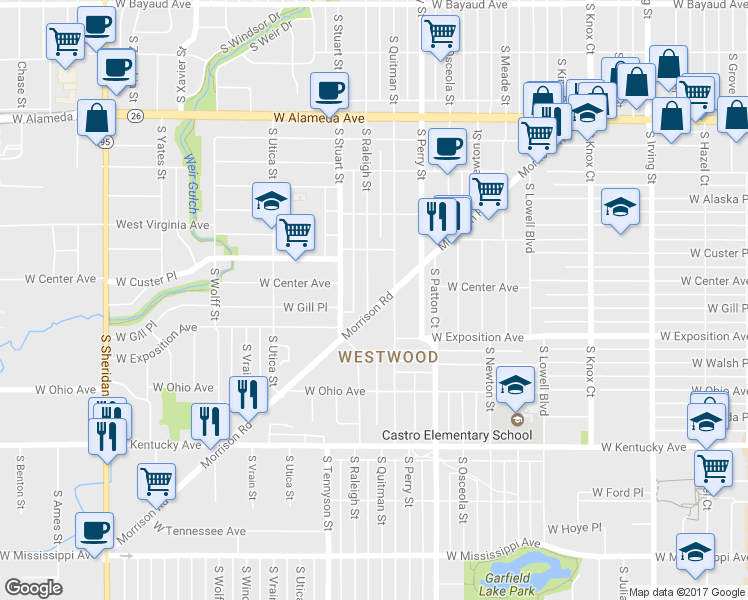map of restaurants, bars, coffee shops, grocery stores, and more near 4171 Morrison Road in Denver
