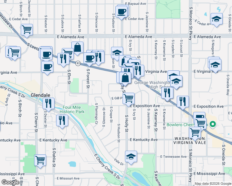 map of restaurants, bars, coffee shops, grocery stores, and more near 5421 East Gill Place in Denver