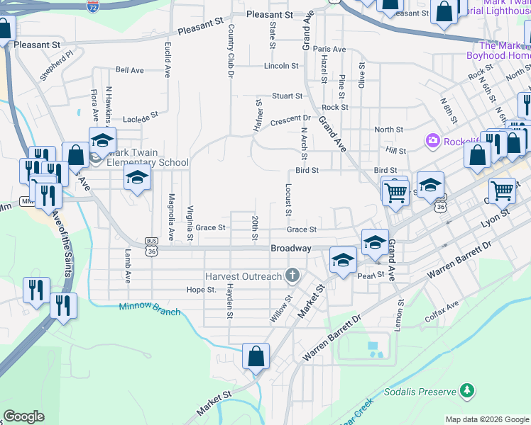 map of restaurants, bars, coffee shops, grocery stores, and more near 220 North Griffith Street in Hannibal