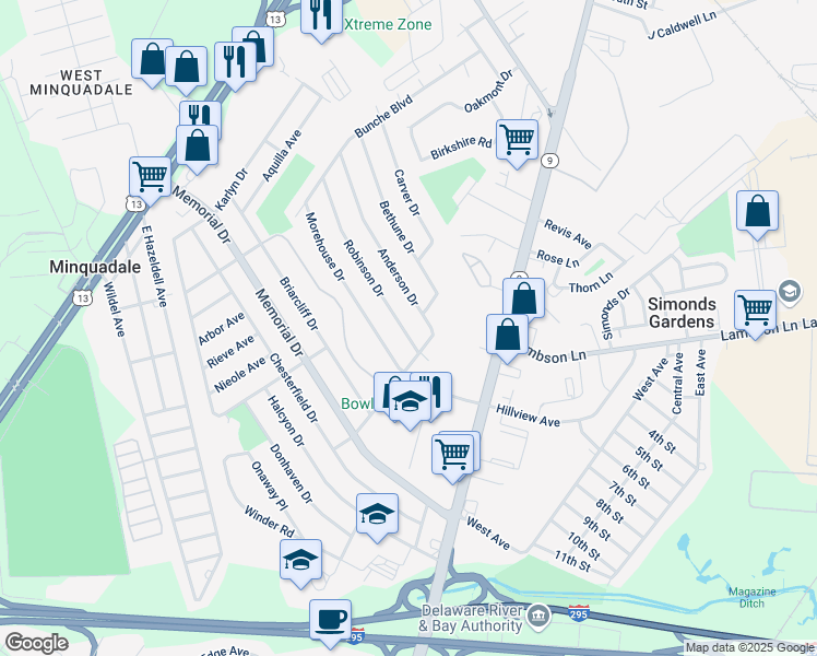 map of restaurants, bars, coffee shops, grocery stores, and more near 469 Robinson Drive in Wilmington