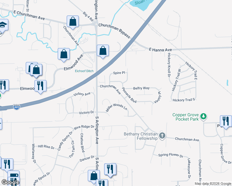 map of restaurants, bars, coffee shops, grocery stores, and more near 6127 Churchman Avenue in Indianapolis