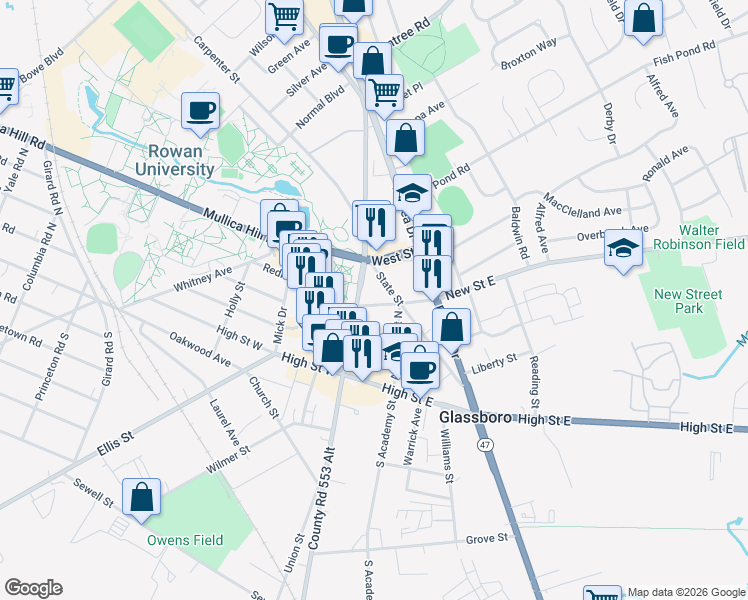 map of restaurants, bars, coffee shops, grocery stores, and more near 4 New Street East in Glassboro
