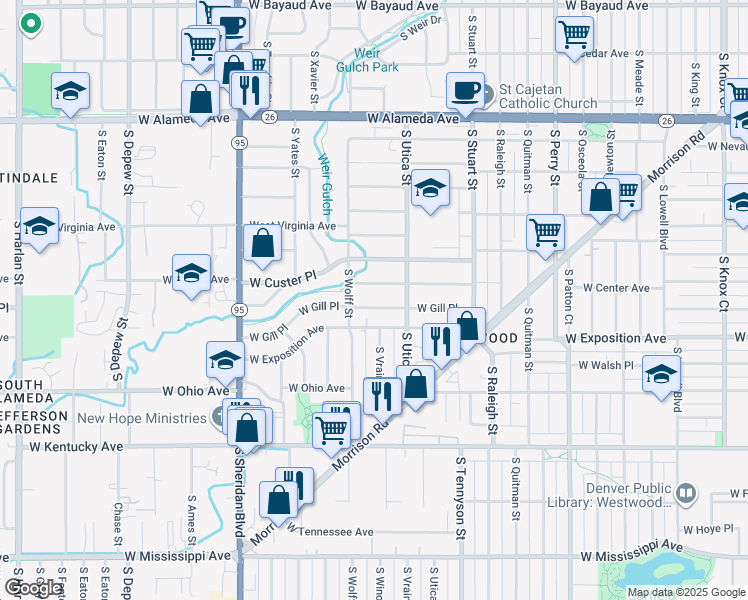 map of restaurants, bars, coffee shops, grocery stores, and more near 4656 West Gill Place in Denver