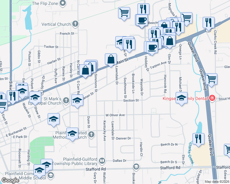 map of restaurants, bars, coffee shops, grocery stores, and more near 328 Lawndale Drive in Plainfield