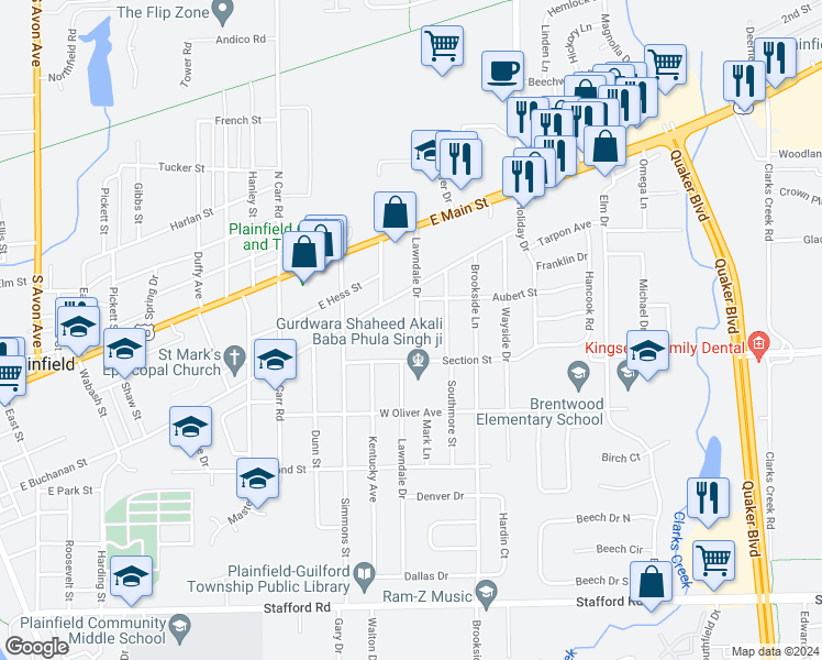 map of restaurants, bars, coffee shops, grocery stores, and more near 324 Lawndale Drive in Plainfield