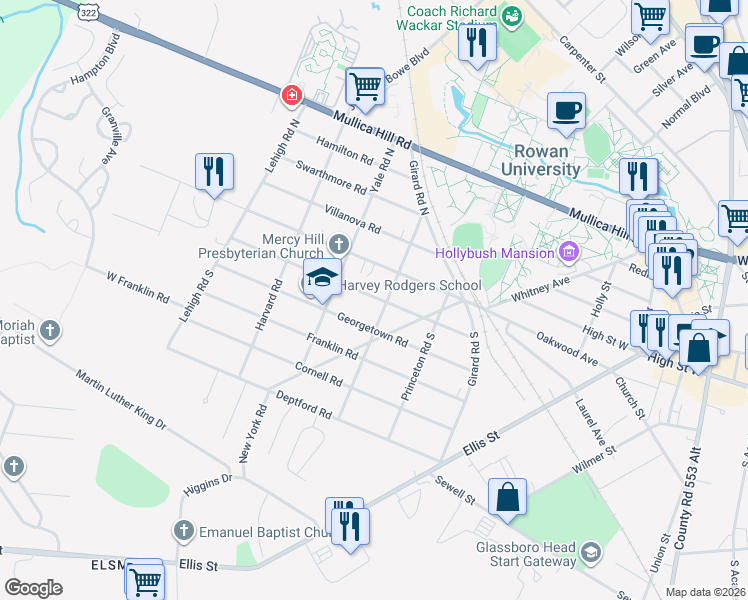 map of restaurants, bars, coffee shops, grocery stores, and more near 202 Dickinson Road in Glassboro