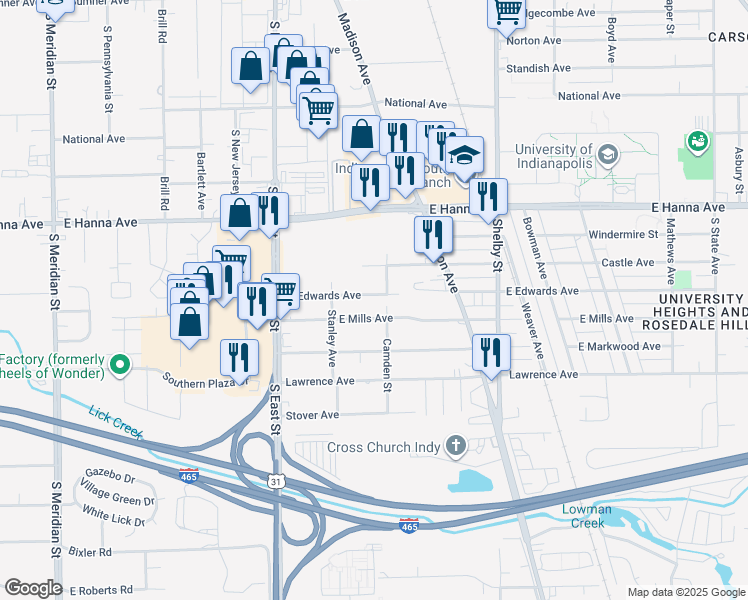 map of restaurants, bars, coffee shops, grocery stores, and more near 836 East Mills Avenue in Indianapolis