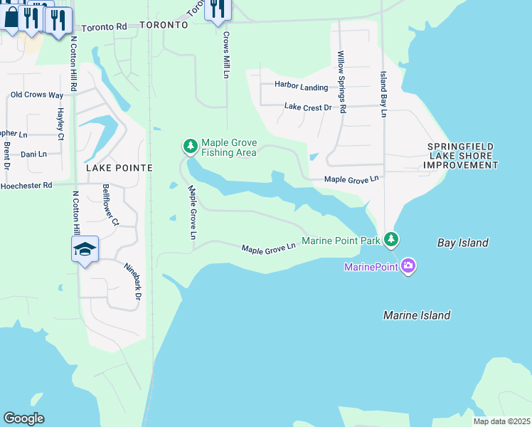 map of restaurants, bars, coffee shops, grocery stores, and more near 133 Maple Grove Lane in Springfield