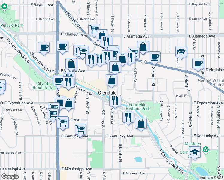 map of restaurants, bars, coffee shops, grocery stores, and more near 650 South Cherry Street in Denver