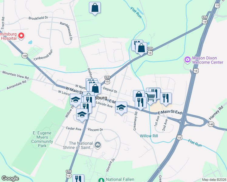 map of restaurants, bars, coffee shops, grocery stores, and more near 130 Depaul Street in Emmitsburg