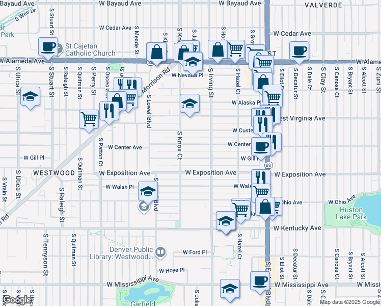 map of restaurants, bars, coffee shops, grocery stores, and more near 3417 West Gill Place in Denver