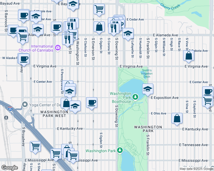 map of restaurants, bars, coffee shops, grocery stores, and more near 632 South Corona Street in Denver