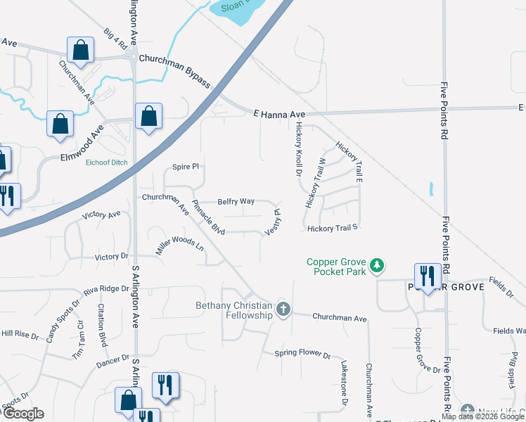 map of restaurants, bars, coffee shops, grocery stores, and more near 4318 Vestry Place in Indianapolis