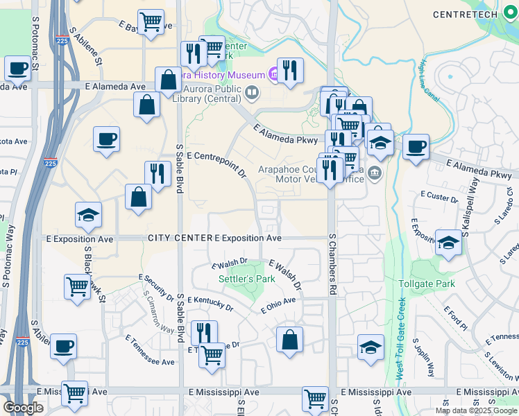 map of restaurants, bars, coffee shops, grocery stores, and more near in Aurora