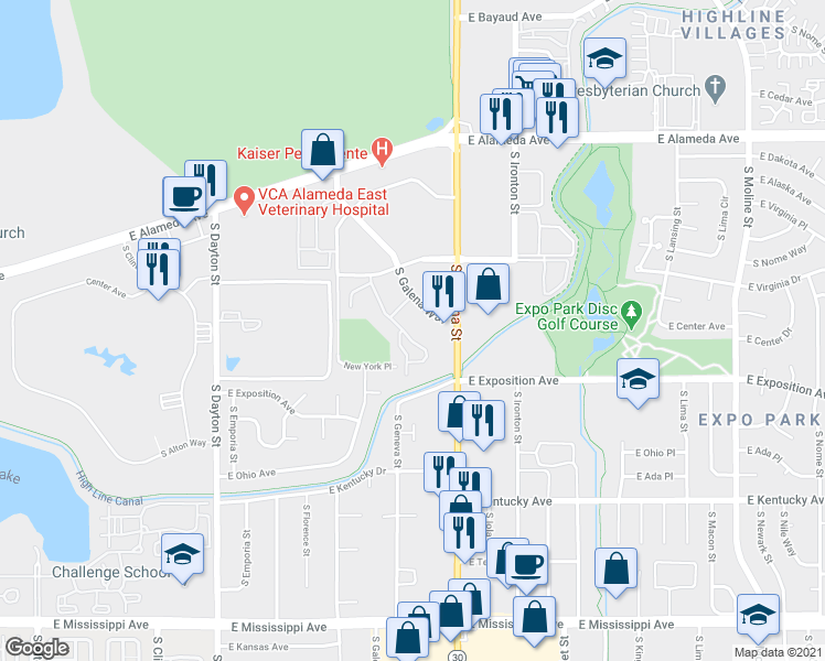 map of restaurants, bars, coffee shops, grocery stores, and more near 10150 East Virginia Avenue in Denver