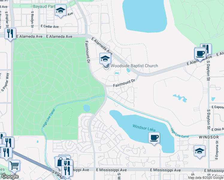 map of restaurants, bars, coffee shops, grocery stores, and more near 8300 Fairmount Drive in Denver