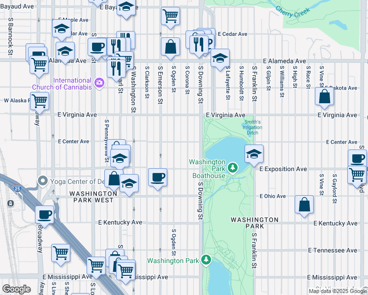 map of restaurants, bars, coffee shops, grocery stores, and more near 632 South Corona Street in Denver