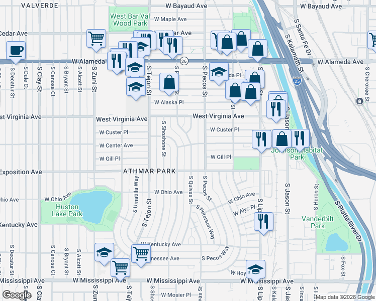map of restaurants, bars, coffee shops, grocery stores, and more near 625 South Quivas Street in Denver