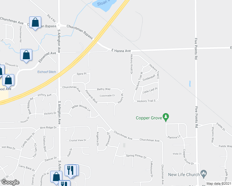 map of restaurants, bars, coffee shops, grocery stores, and more near 4318 Vestry Place in Indianapolis