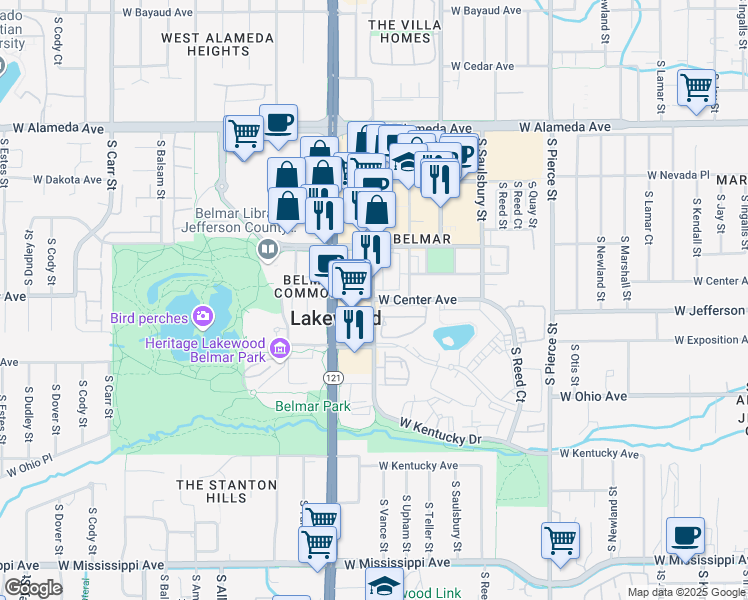 map of restaurants, bars, coffee shops, grocery stores, and more near 7377 W Center Ave in Lakewood