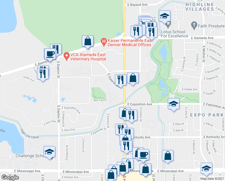 map of restaurants, bars, coffee shops, grocery stores, and more near 10150 East Virginia Avenue in Denver