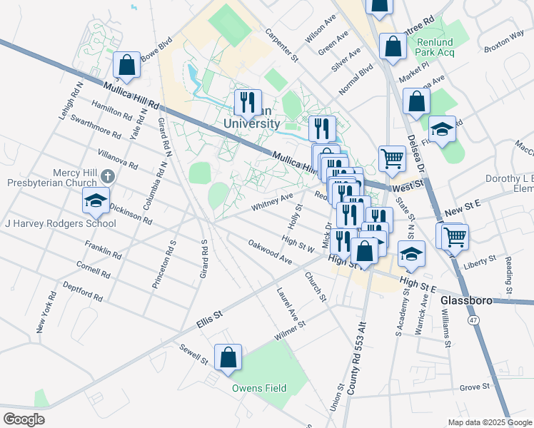 map of restaurants, bars, coffee shops, grocery stores, and more near 424 Victoria Street in Glassboro