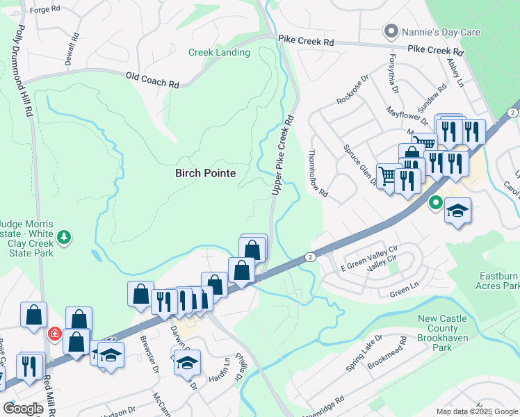 map of restaurants, bars, coffee shops, grocery stores, and more near 41 Upper Pike Creek Road in Newark