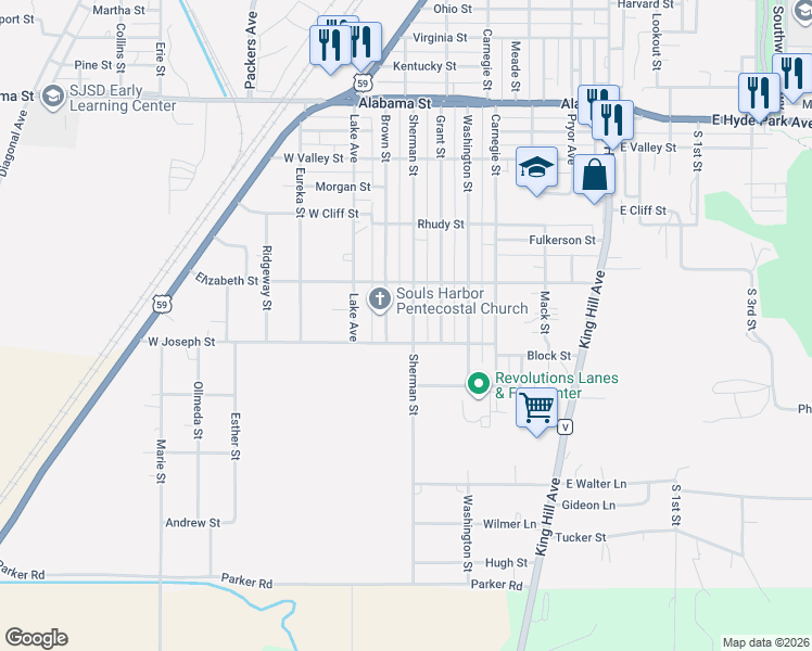 map of restaurants, bars, coffee shops, grocery stores, and more near 6648 Sherman Street in Saint Joseph