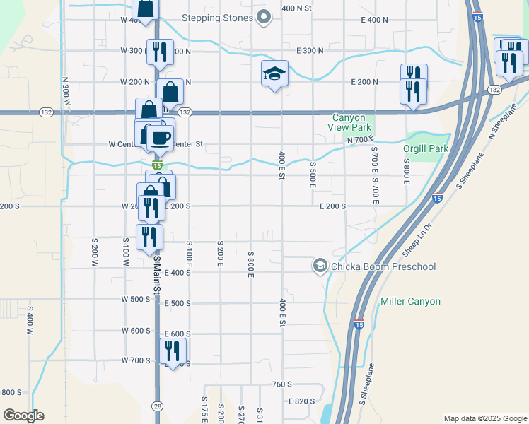 map of restaurants, bars, coffee shops, grocery stores, and more near 340 East 200 South in Nephi