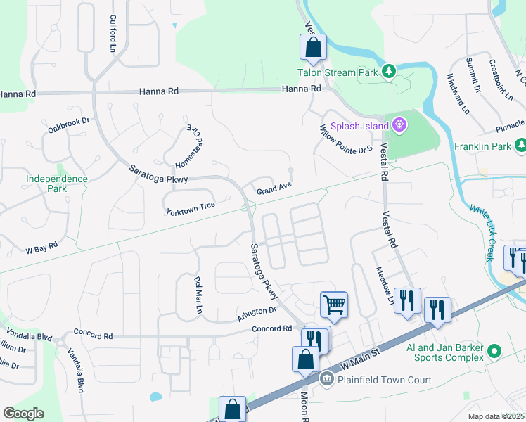map of restaurants, bars, coffee shops, grocery stores, and more near 4442 Connaught West Drive in Plainfield