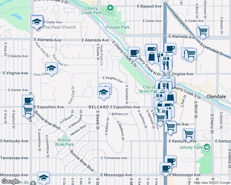 map of restaurants, bars, coffee shops, grocery stores, and more near 671 South Monroe Way in Denver