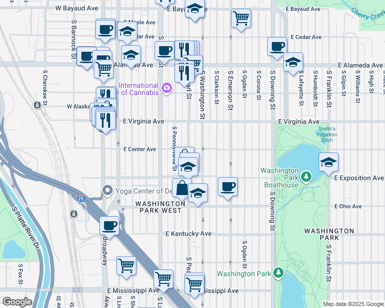map of restaurants, bars, coffee shops, grocery stores, and more near 641 South Pearl Street in Denver