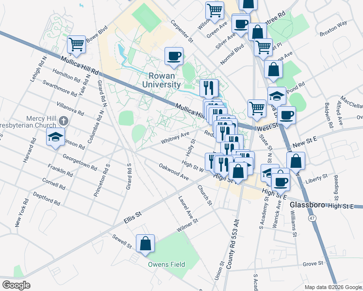 map of restaurants, bars, coffee shops, grocery stores, and more near 102 Holly Street in Glassboro