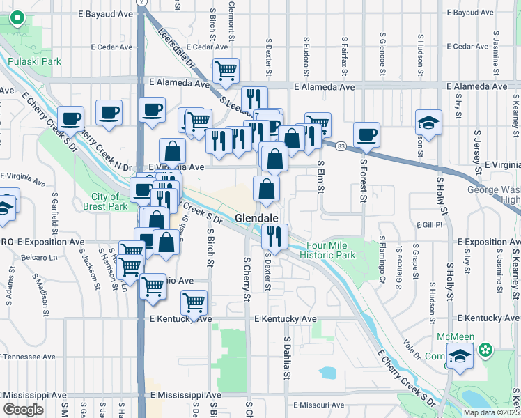 map of restaurants, bars, coffee shops, grocery stores, and more near 650 South Cherry Street in Denver