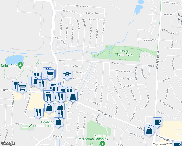 map of restaurants, bars, coffee shops, grocery stores, and more near 2843 Purdue Road in Dayton
