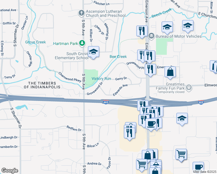 map of restaurants, bars, coffee shops, grocery stores, and more near 14 Edwards Court in Beech Grove
