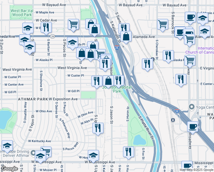 map of restaurants, bars, coffee shops, grocery stores, and more near 641 South Jason Street in Denver