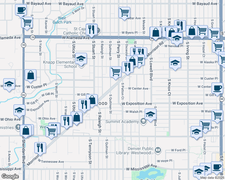 map of restaurants, bars, coffee shops, grocery stores, and more near 636 South Quitman Street in Denver