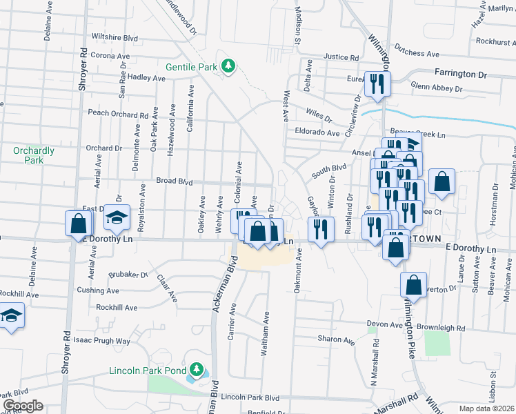 map of restaurants, bars, coffee shops, grocery stores, and more near 2905 Harvey Avenue in Dayton