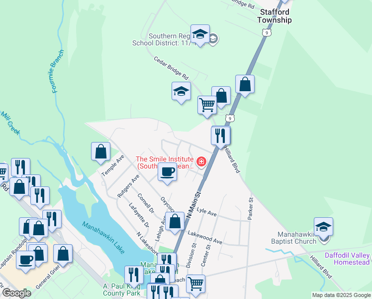 map of restaurants, bars, coffee shops, grocery stores, and more near 344 Cedar Drive in Stafford Township