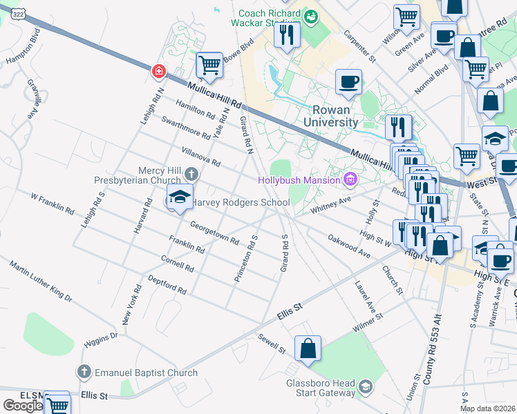 map of restaurants, bars, coffee shops, grocery stores, and more near 6 Pennsylvania Road in Glassboro