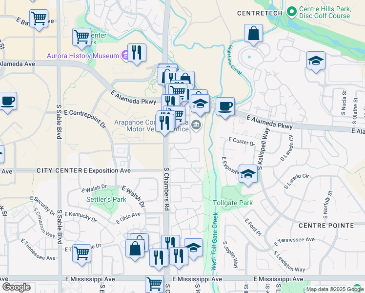 map of restaurants, bars, coffee shops, grocery stores, and more near 15450 East Center Avenue in Aurora