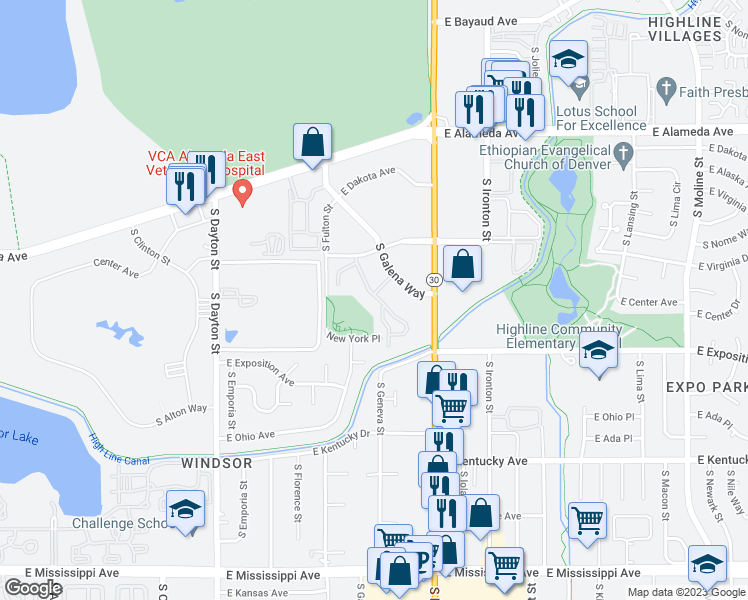 map of restaurants, bars, coffee shops, grocery stores, and more near 10150 East Virginia Avenue in Denver