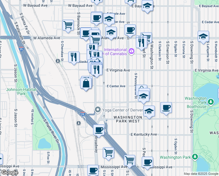 map of restaurants, bars, coffee shops, grocery stores, and more near 640 South Sherman Street in Denver