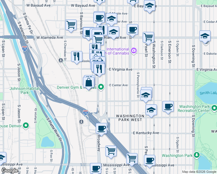 map of restaurants, bars, coffee shops, grocery stores, and more near 633 South Lincoln Street in Denver