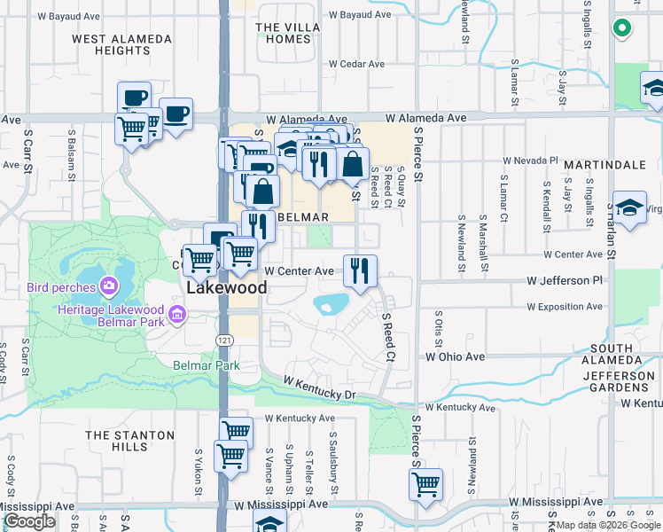 map of restaurants, bars, coffee shops, grocery stores, and more near 7166 West Custer Avenue in Lakewood