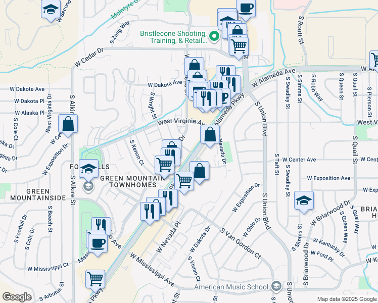 map of restaurants, bars, coffee shops, grocery stores, and more near in Lakewood
