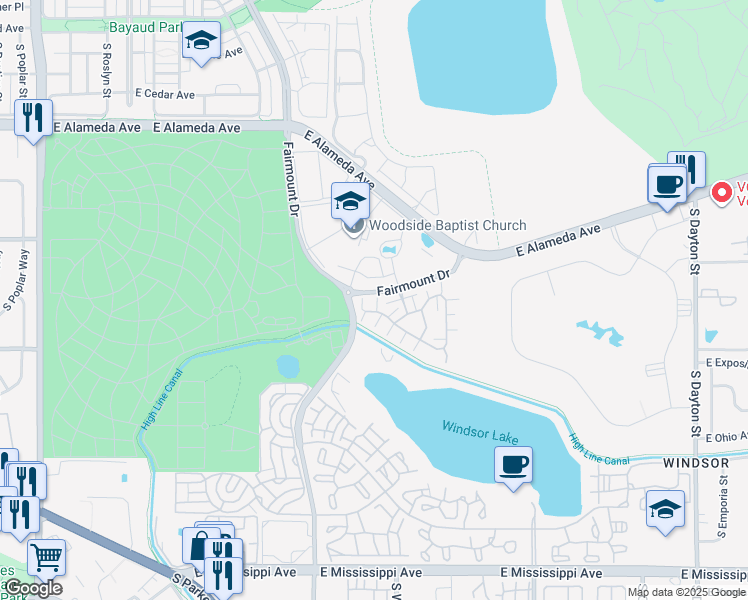 map of restaurants, bars, coffee shops, grocery stores, and more near 8300 Fairmount Drive in Denver