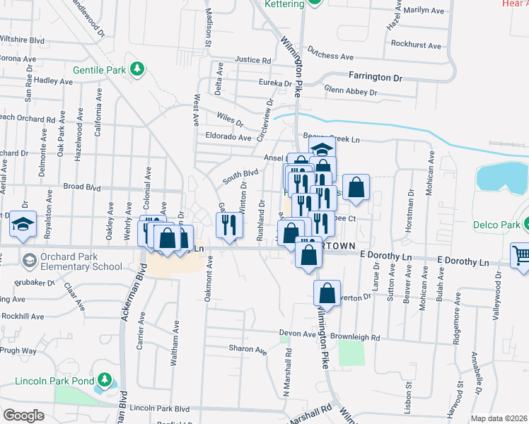 map of restaurants, bars, coffee shops, grocery stores, and more near 2849 Rushland Drive in Dayton